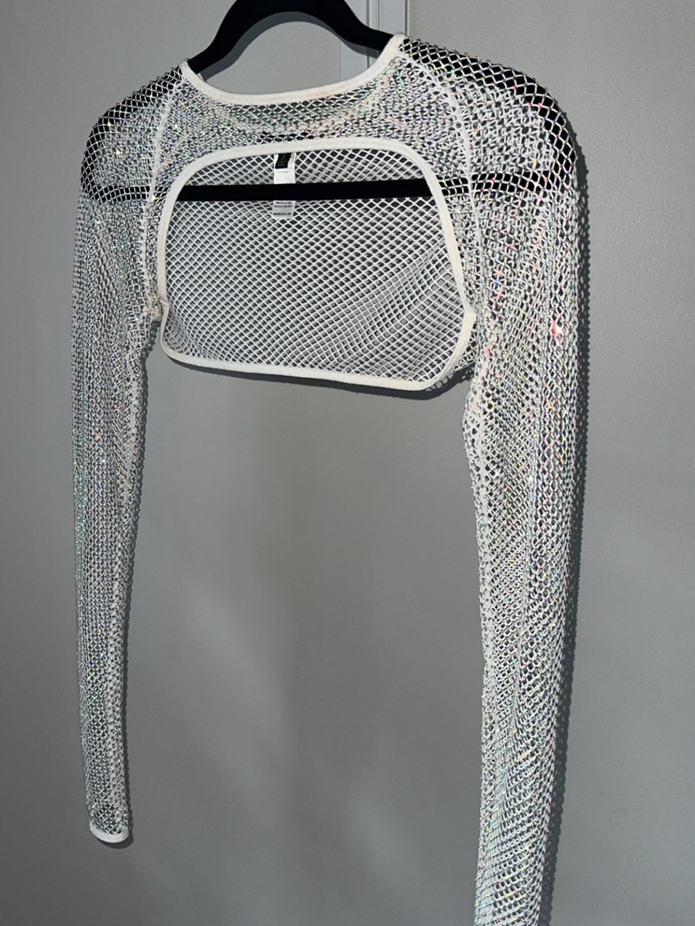 White Mesh Long-Sleeve Cropped Top shrug Sparkle Overlay y2k BSB